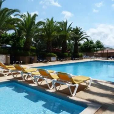 Piscine avec chaises longues jaunes et palmiers au Camping Bela Basque