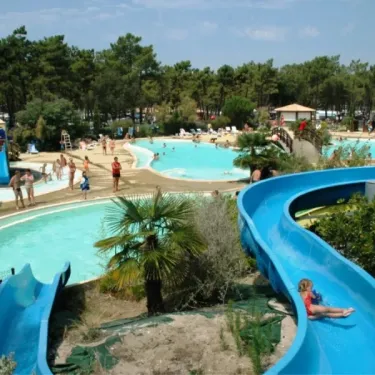 Toboggan bleu et piscines entourées de pins au Camping La Côte d'Argent