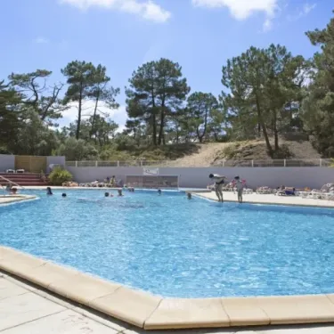 Piscine extérieure du Camping Les Cyprès avec des personnes nageant et des pins en arrière-plan.