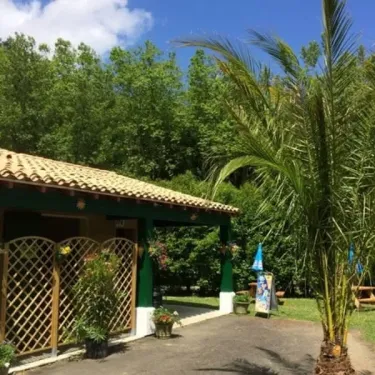 Camping La Bernede avec maison verte et palmier sous un ciel bleu.