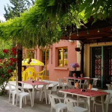 Camping le Sourire : terrasse avec tables et chaises sous une pergola verte
