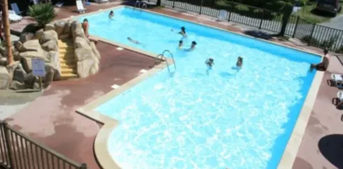 Piscine avec toboggan rocheux et enfants nageant, entourée d'arbres et de chaises longues.