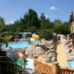 Piscine avec toboggan et sculptures de singe et d'oiseau au Camping Des Familles