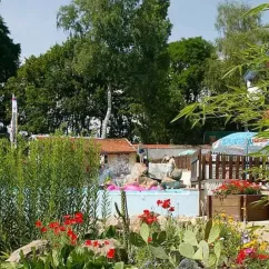 Piscine entourée de plantes et fleurs dans le jardin du Camping Le Manoir de Bezolle