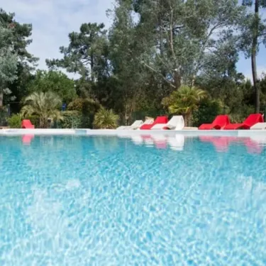 Camping Des Pins : piscine bleue avec chaises longues rouges et blanches alignées, arbres en fond