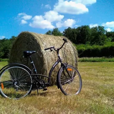 Vélo devant une balise de foin au Camping Des Lacs