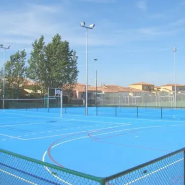 Terrain de basket bleu entouré d'une clôture au Camping Port Camargue