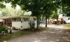 Camping Le Pré Cathare : mobile home en bois sous grands arbres