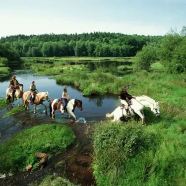Équipes à cheval traversant une rivière, camping Logis de Séchemailles
