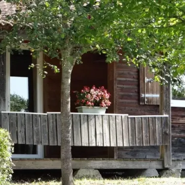 Camping Lé Moulis : cabane en bois avec balcon et pot de fleurs rouges devant une porte ouverte.