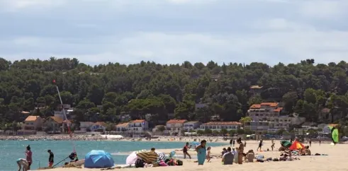 Plage animée avec des enfants, parasols et tentes près de l'eau