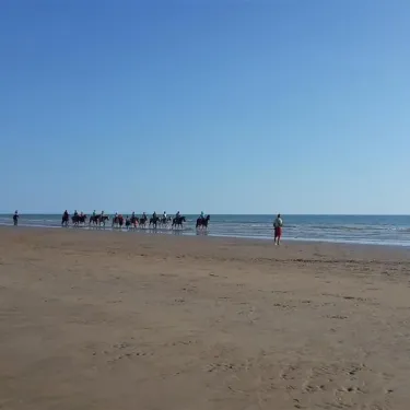 Camping Le Parc de la Grève : groupe à cheval sur plage, ciel bleu et mer.