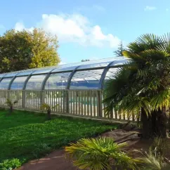 Piscine couverte avec palmiers et jardin verdoyant, Camping le Beauchêne