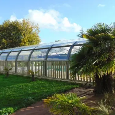 Piscine couverte avec palmiers et jardin verdoyant, Camping le Beauchêne