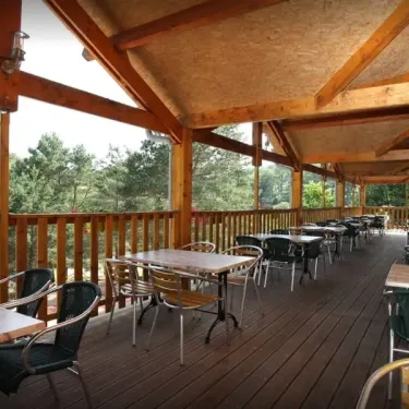 Terrasse en bois avec tables et chaises, vue sur forêt au Camping Les Trois Sources