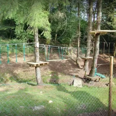 Parc d'activités en forêt avec passerelles suspendues et clôture métallique.