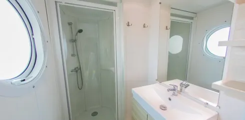Salle de bain avec douche, lavabo et miroir - Mobil Home Confort+ - La Ferme