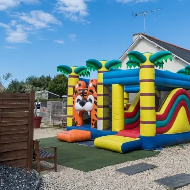 Piscine gonflable tigre et palmiers dans le jardin du Camping Emeraude