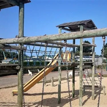 Piste d'escalade en bois avec toboggan et balançoire au Camping Du Domaine de L'Auzance