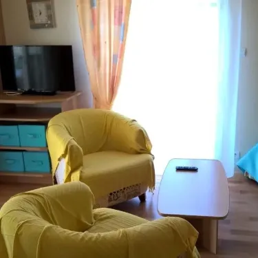 Chalet Grand Confort - Salon avec canapé jaune, télévision et table basse - Domaine de L'Auzance